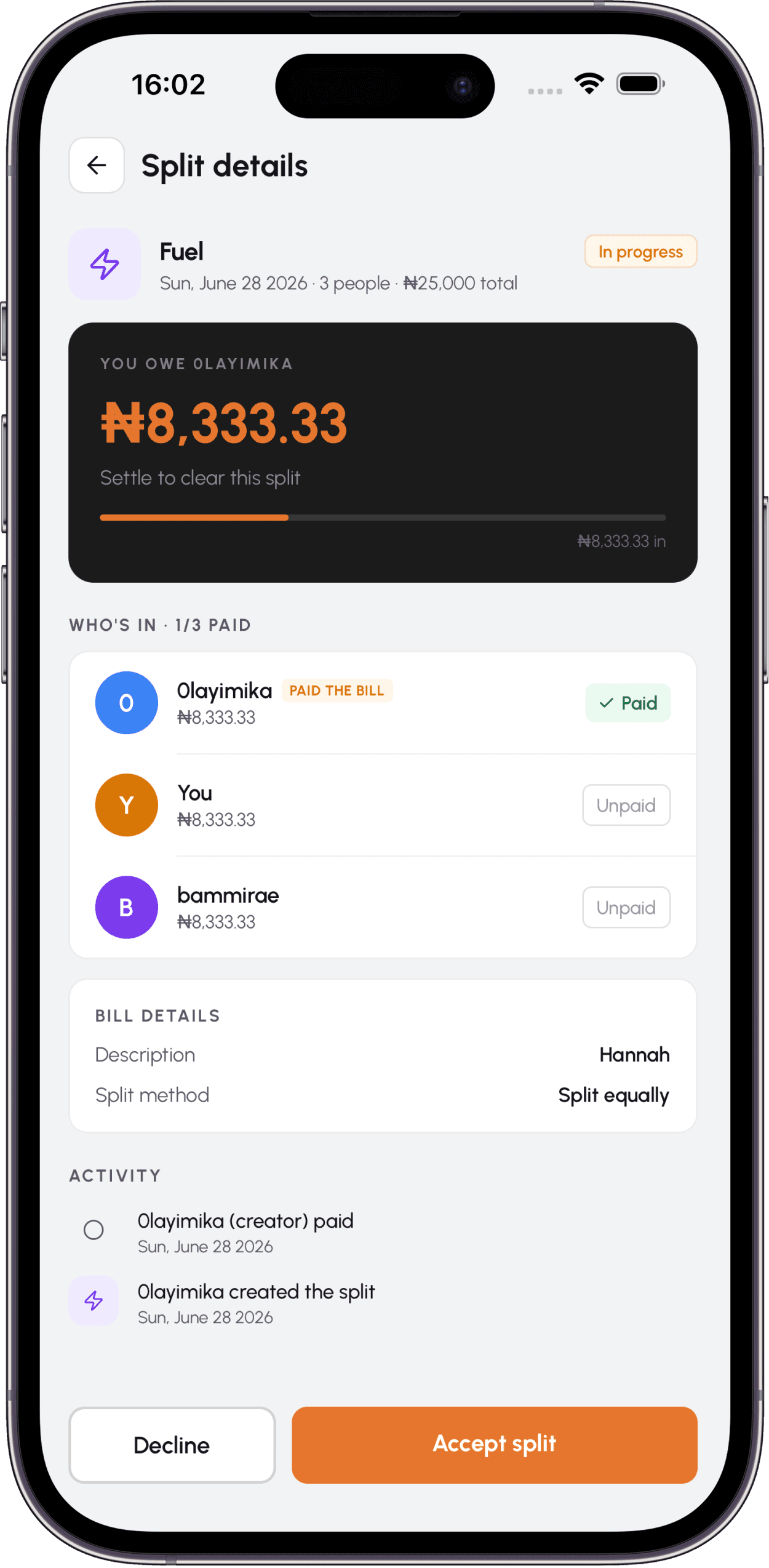 Divyd app screen for Split without the chase